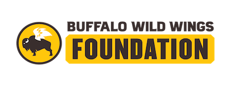 Logo of Buffalo Wild Wings Foundation featuring a black buffalo with white wings inside a yellow circle, with the text "BUFFALO WILD WINGS FOUNDATION" in black and yellow.