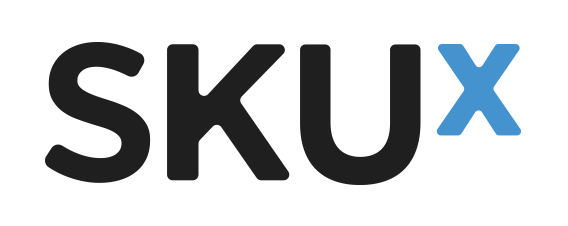 Logo of SKUX with the letters 'SKU' in black and the letter 'X' in blue.