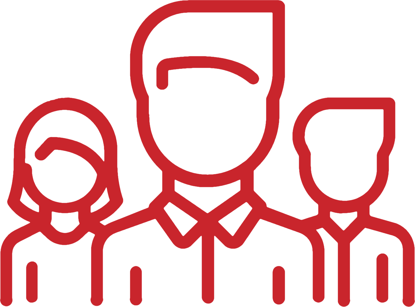 Red outline drawing of three people, with the middle person larger and in front, in a minimalist style.