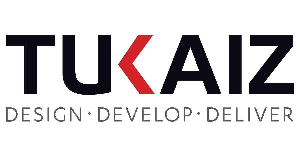 Logo with the text 'TUKAIZ' and a red and black arrow, with the words 'DESIGN · DEVELOP · DELIVER' underneath.