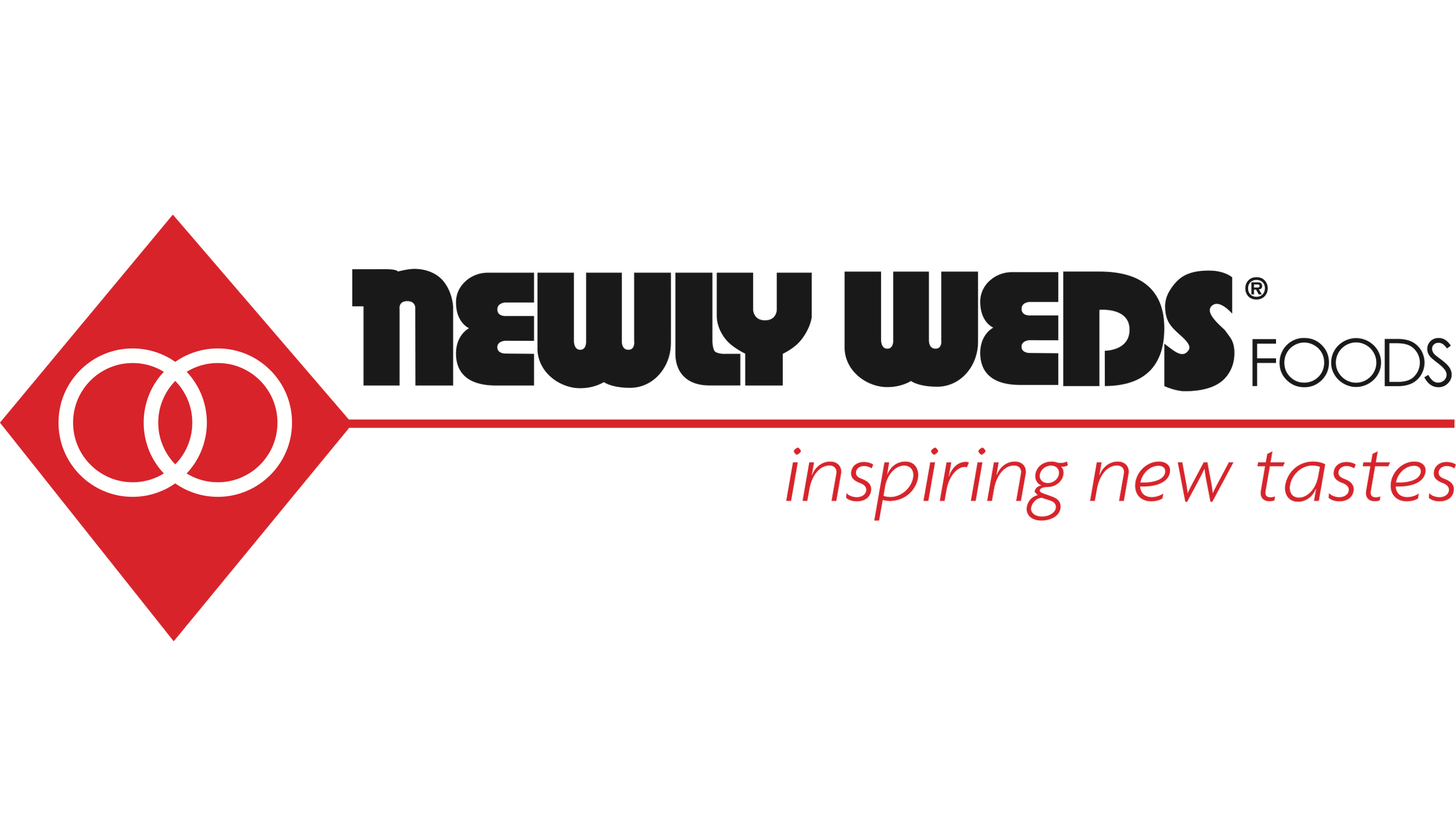 Newly Weds Foods logo with a red diamond shape containing two white interlocking circles and the tagline "inspiring new tastes" in red cursive.