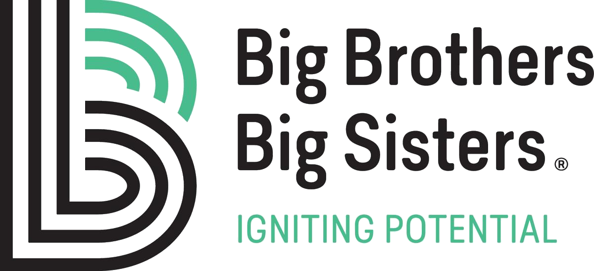 Logo with large black text reading "Big Brothers Big Sisters" and smaller green and blue text below saying "Igniting Potential".
