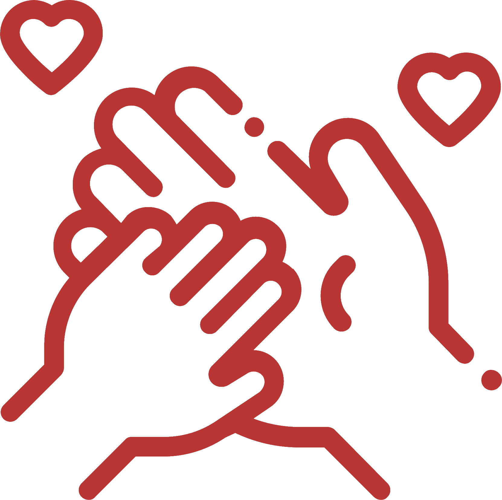 Outline drawing of two hands holding each other, with two small hearts above them.