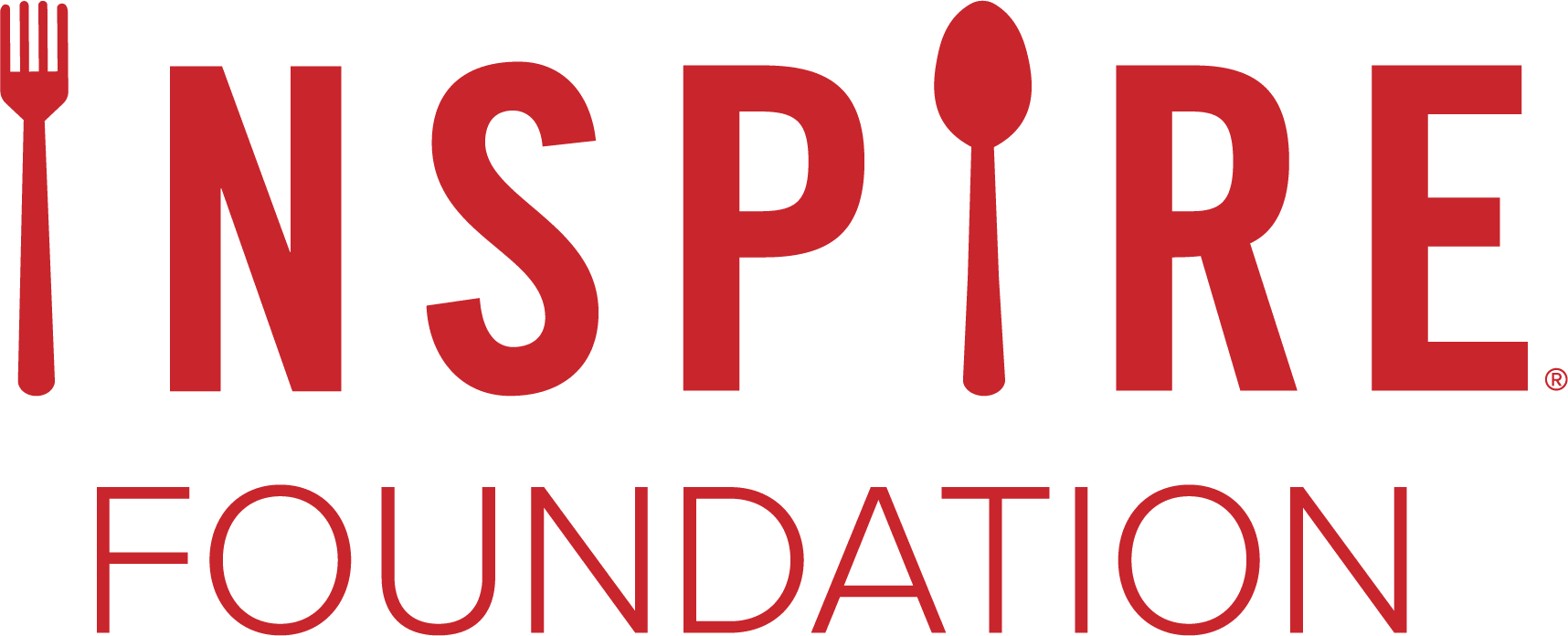 Logo of the Inspire Foundation in red, featuring the words 'INSPIRE FOUNDATION' with a stylized fork and spoon included in the text.