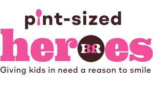 Logo for Pint-Sized Heroes with the tagline 'Giving kids in need a reason to smile'.