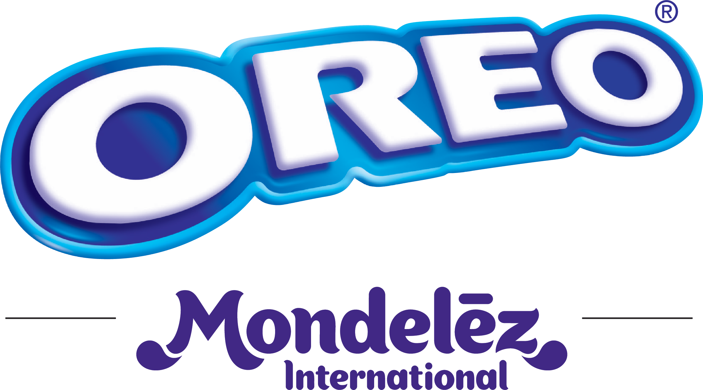The Logo of Oreo cookies, a blue and white stylized text, with the words "Mondelēz International" underneath.