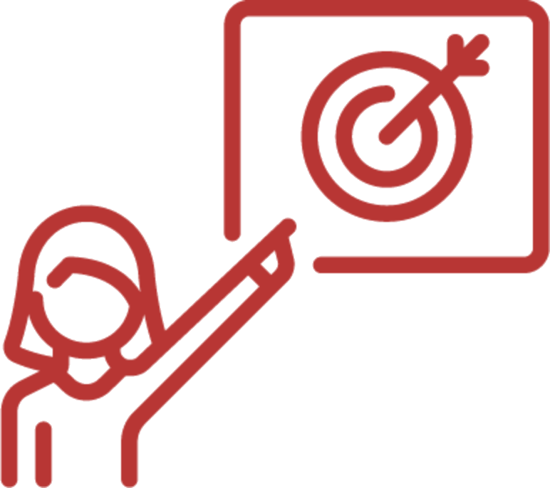 Line drawing of a woman pointing at a target on a board, representing goal setting or achievement.