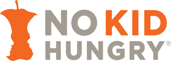 Logo for 'No Kid Hungry' featuring a silhouette of an apple core, with the text 'NO KID HUNGRY'.