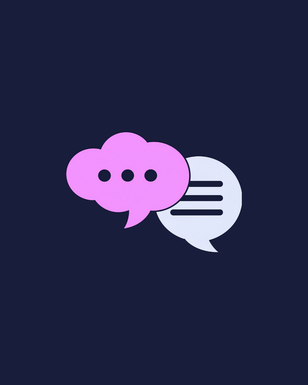 Illustration of two speech bubbles, one purple and one white, on a dark background, representing communication or messaging.