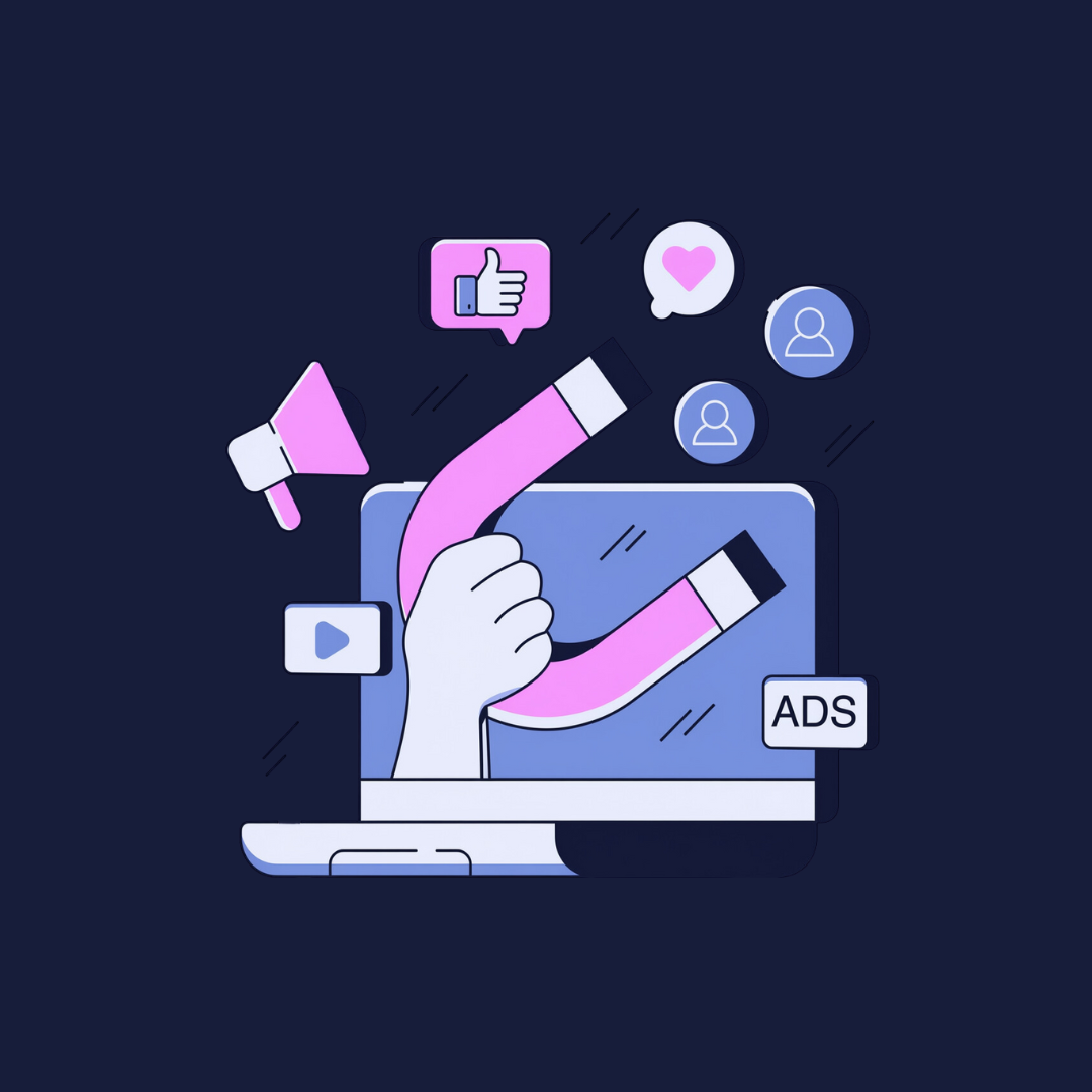 Digital illustration of a hand holding a magnet emerging from a laptop screen, attracting social media icons like thumbs up, chat bubbles, and user profiles, with a label 'ADS' and multimedia icons around.