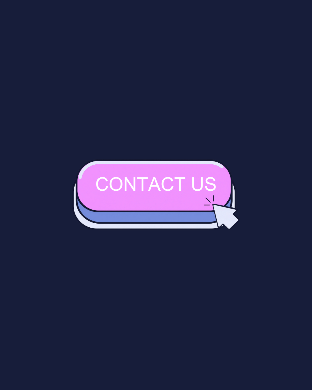 Digital illustration of a purple button labeled 'Contact Us' with a cursor clicking on it, on a dark background.