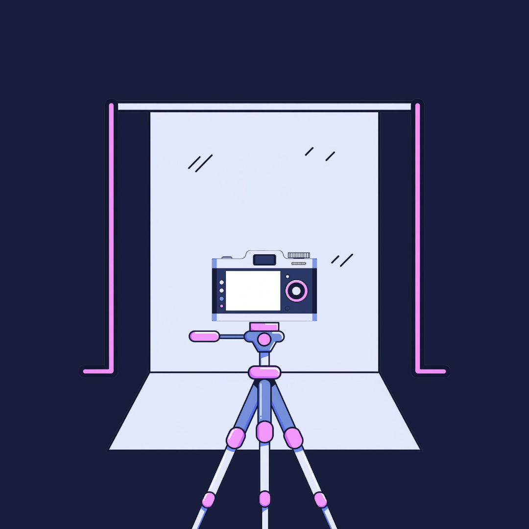 A digital illustration of a photo studio setup with a camera on a tripod facing a backdrop with lights.