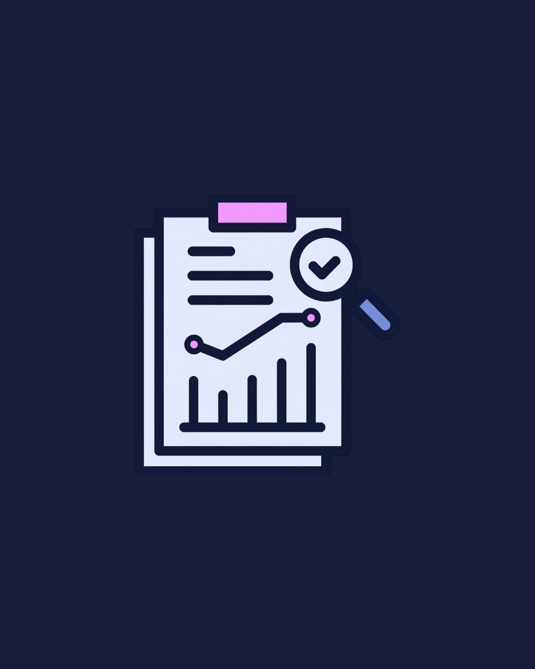Digital illustration of a clipboard with a graph and a magnifying glass checking a check mark, representing data analysis or report validation.