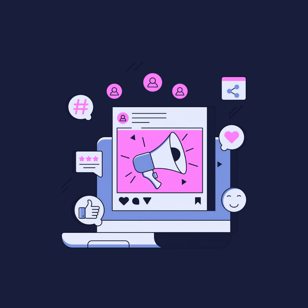 Digital illustration of a computer and smartphone screen displaying a social media post with a megaphone icon, surrounded by icons of social media engagement like likes, comments, shares, and user profile icons, in purple, pink, white, and blue colors.