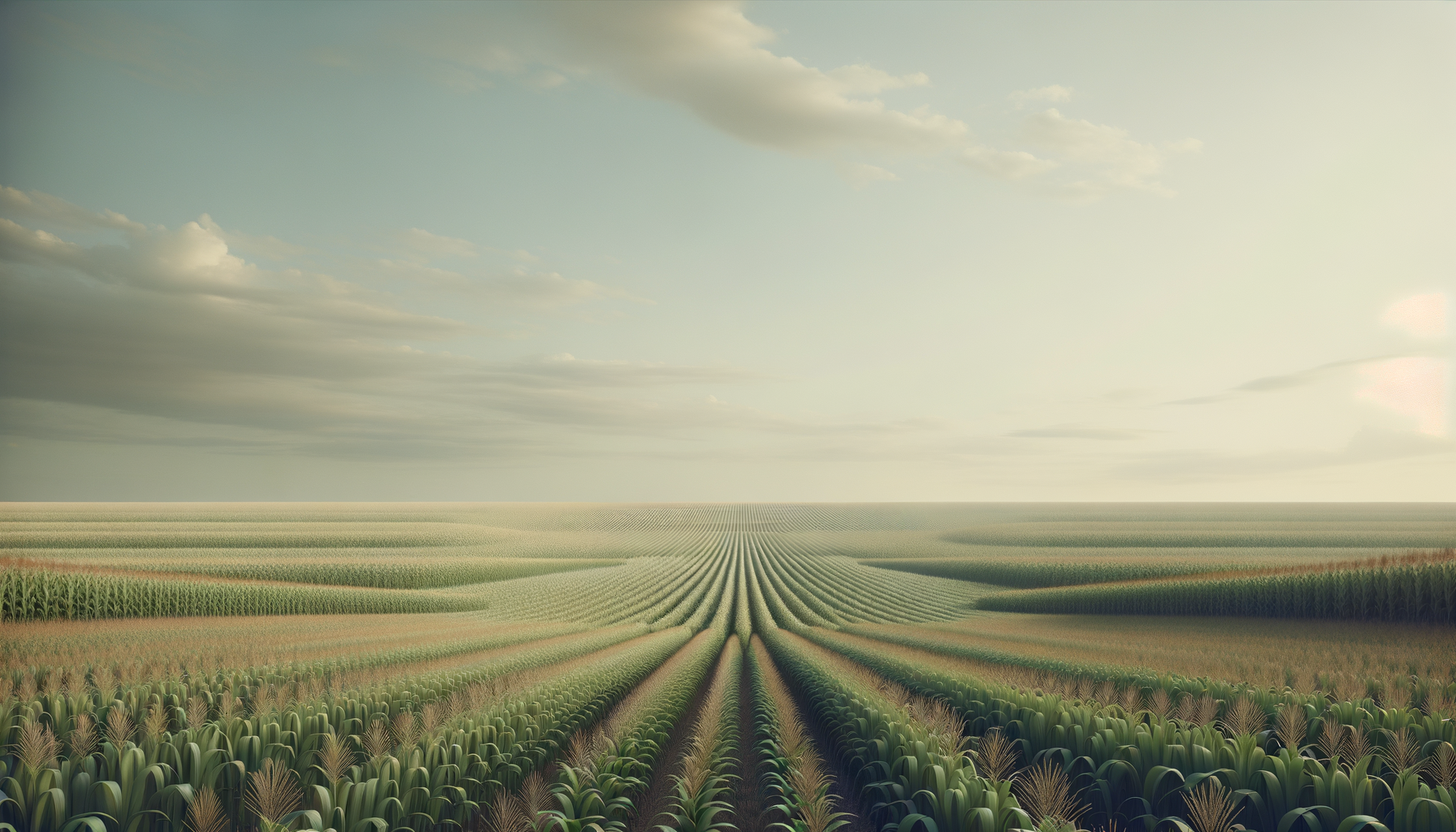 Expansive green farmland with neatly planted rows of crops extending to the horizon under a partly cloudy sky.