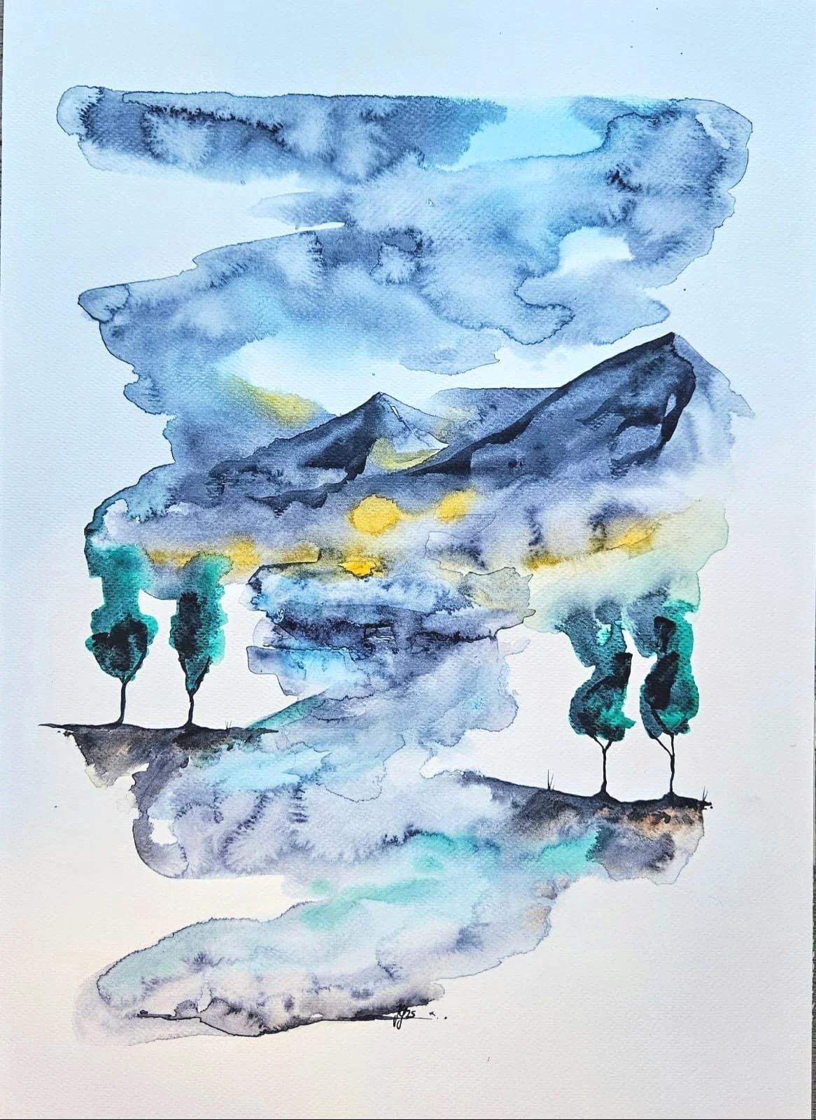 A watercolor painting of a mountain landscape with trees, a river, and a cloudy sky.