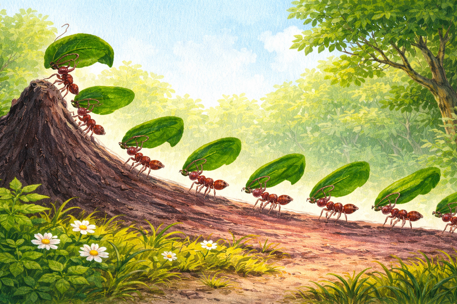 Illustration of ants walking up a tree trunk with green leaves on their backs, set in a forest with green trees and white flowers.