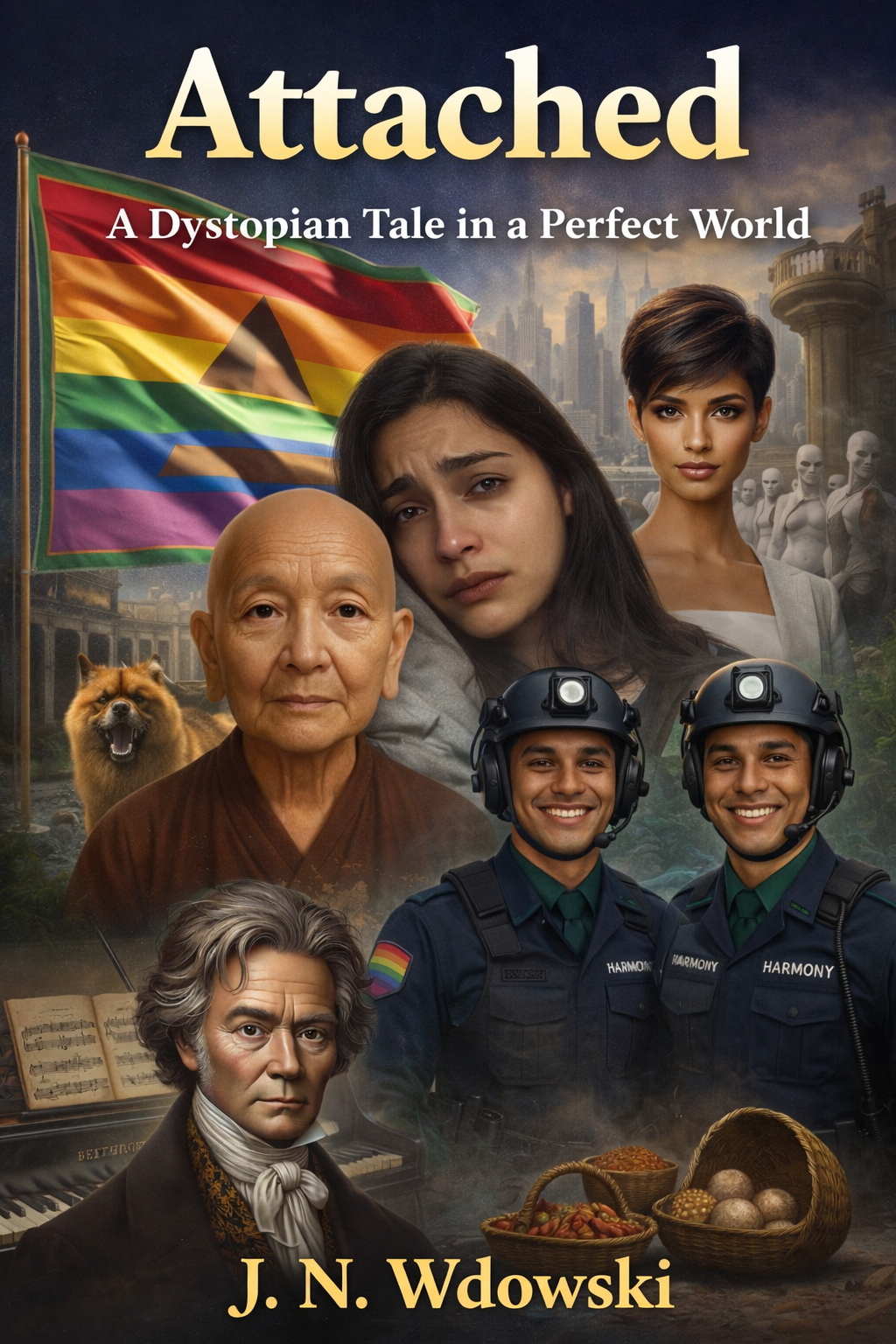 Book cover titled "Attached" by J. N. Wadowski, depicting diverse characters including a young woman, an elderly monk, two smiling soldiers, a woman in professional attire, and a historical figure, with a background of a futuristic city skyline, a rainbow flag, a dog, a piano, and baskets of food.