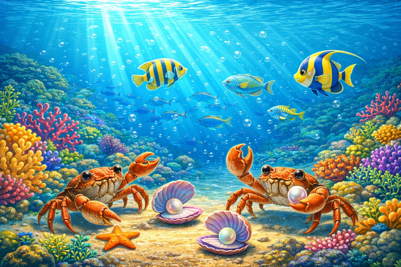 Colorful underwater scene with coral, two crabs holding pearls, starfish, seashells, and various fish swimming in the ocean.