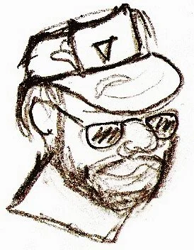 Line drawing of a man with a beard, wearing sunglasses and a baseball cap with a letter 'D' on it.