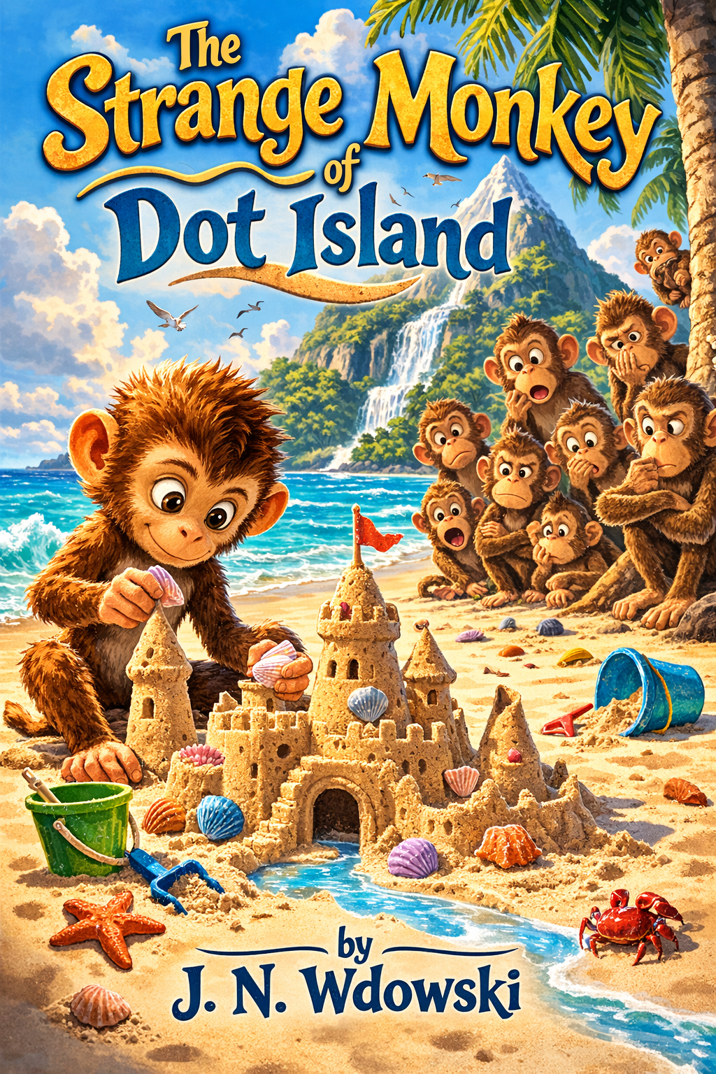 Book cover for 'The Strange Monkey of Dot Island' by J. N. Wdowski. Features a young monkey building a sandcastle on a beach with a castle and water canal. In the background, a group of monkeys is watching. The scene includes a mountain, waterfall, palm trees, ocean, and a bright sky with clouds.