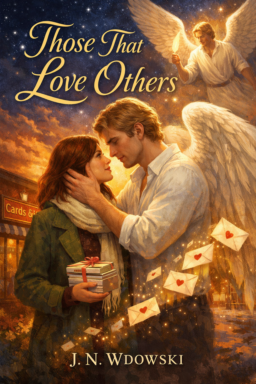 A romantic fantasy book cover titled "Those That Love Others" by J. N. Wdowski. It features a young man and woman embracing each other with their foreheads touching. The man has angel wings and is gently holding the woman's face, while she holds a stack of books tied with a red ribbon. Flying around them are love letters with red hearts. In the background, there is an angelic figure with wings and a torch, and a city street with a store sign that reads "Cards &".