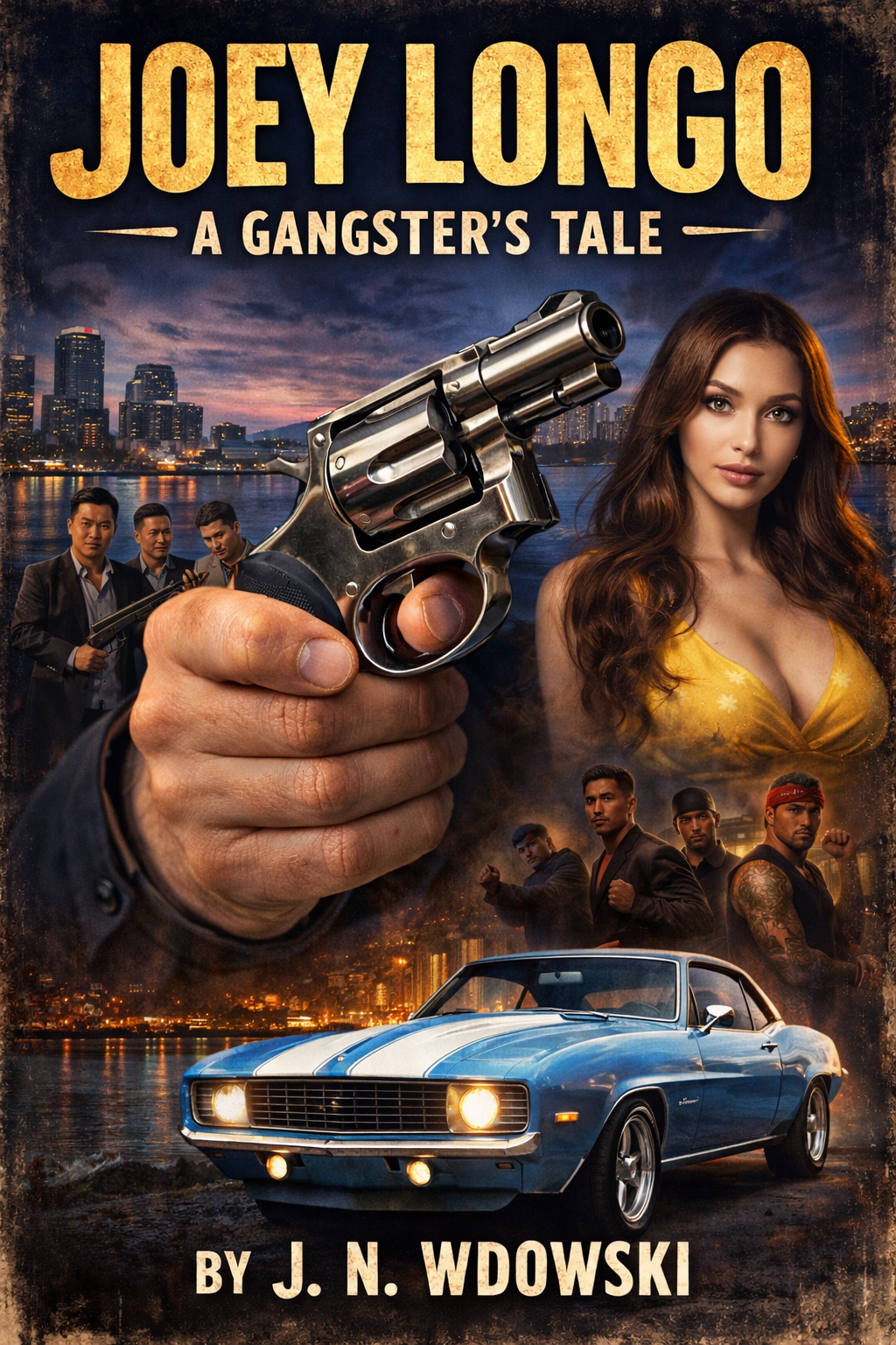 Movie poster for 'Joey Lungo: A Gangster's Tale' featuring a city skyline at dusk, a hand holding a revolver, a woman with long brown hair in a yellow top, a classic blue muscle car, and a group of men in suits and casual wear.