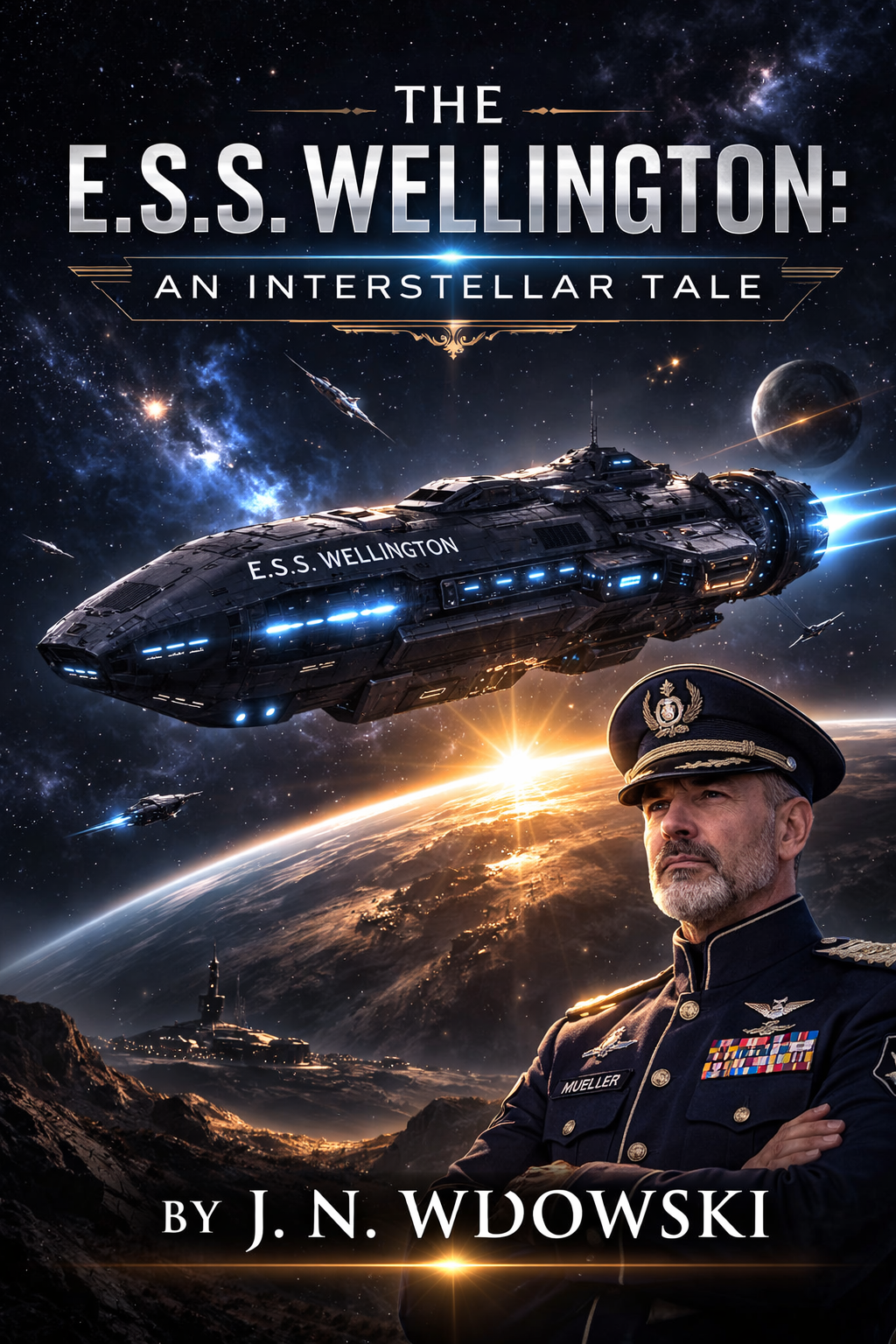 Book cover titled "The E.S.S. Wellington: An Interstellar Tale" by J. N. Wdowski featuring a spaceship in space with planets and stars, and a man in a military uniform with a serious expression, standing on a mountainous landscape at sunrise.