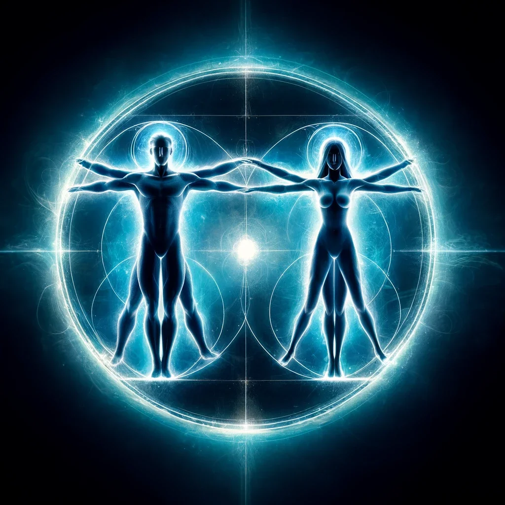 Two human figures, male and female, with arms outstretched, surrounded by glowing geometric and energy patterns, representing a spiritual or cosmic connection.