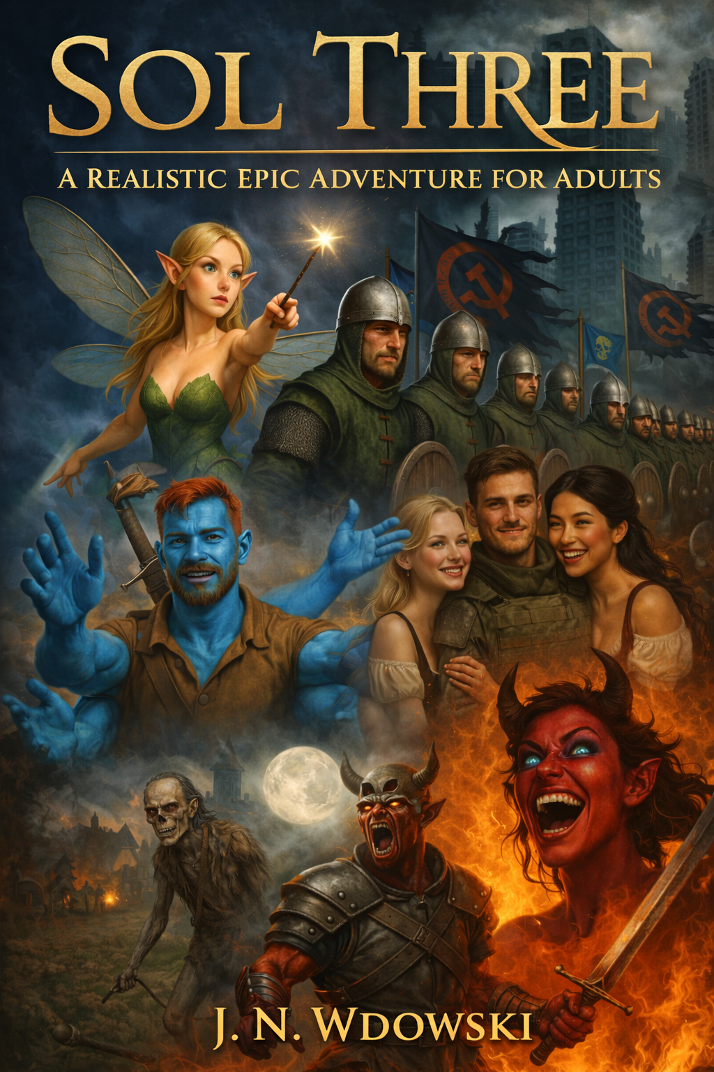 Book cover for "Sol Three: A Realistic Epic Adventure for Adults" showing fantasy characters: a fairy with wings and pointed ears casting a spell, armored soldiers with flags, a blue-skinned warrior with a sword, happy young adults, and demons with horns and fiery backgrounds, under a dark ominous sky.