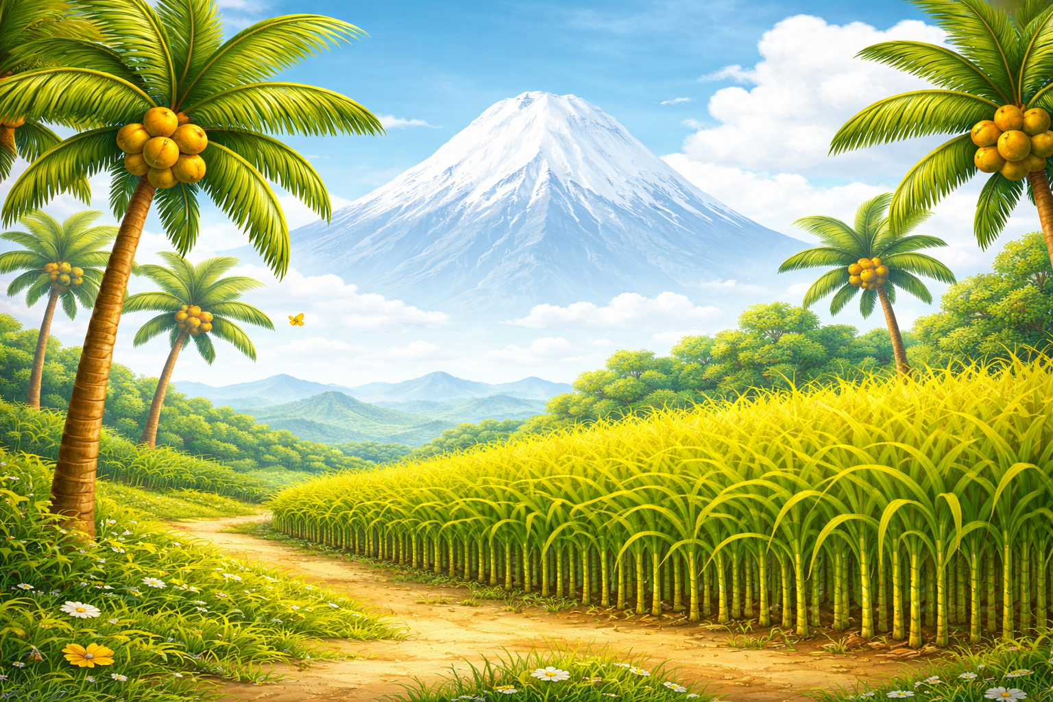 A vibrant tropical landscape featuring palm trees with coconuts, a yellow butterfly, a path through lush green crops, and a towering snow-capped mountain in the background under a blue sky with clouds.
