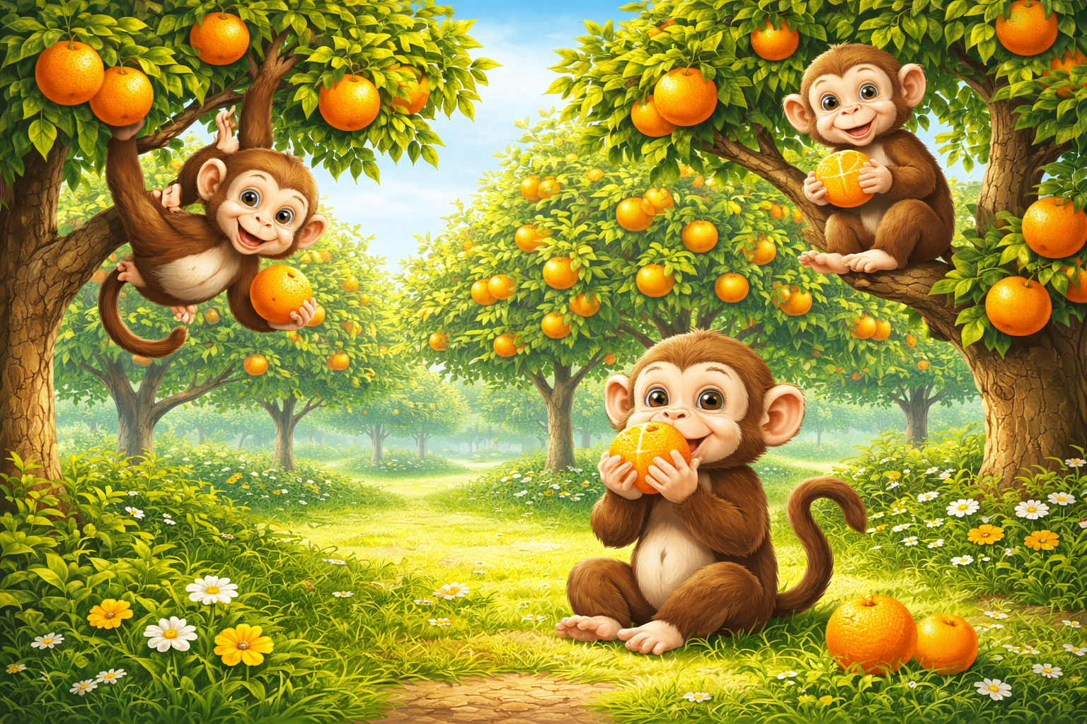 Four cartoon monkeys in an orange orchard, with lush trees bearing ripe oranges and a bright blue sky. One monkey is sitting on the ground eating an orange, while the others are in the trees holding oranges or hanging from branches.