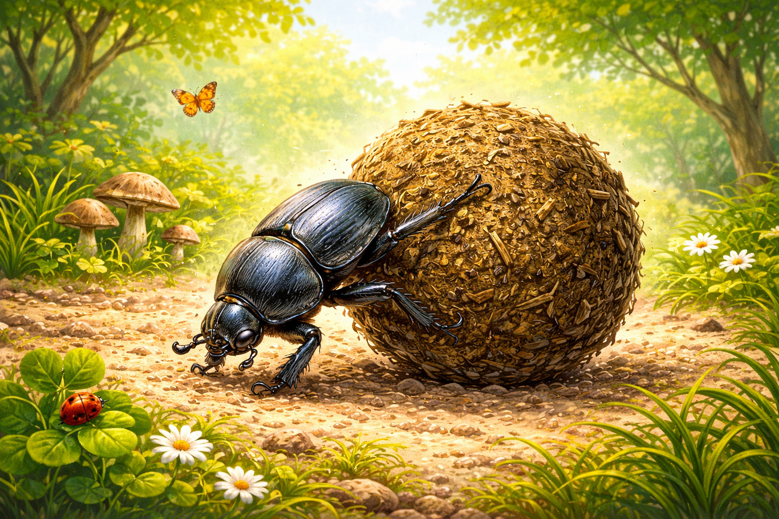 A beetle rolling a ball of dung on a forest floor, surrounded by mushrooms, daisies, a ladybug, and a butterfly
