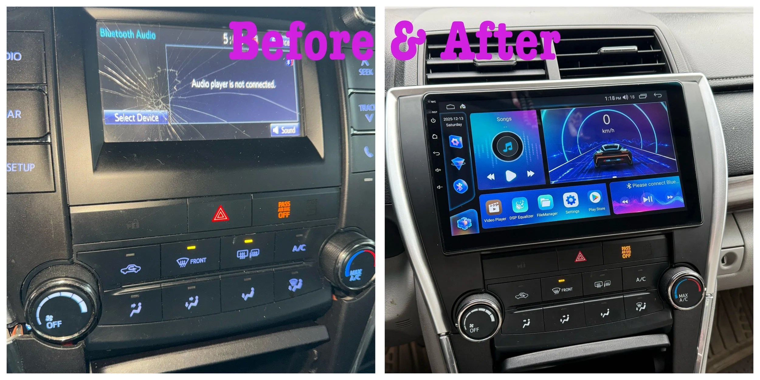 2016 Toyota Camry 10” android CarPlay upgrade retained steering wheel button function, and OEM backup camera by Barset Audio