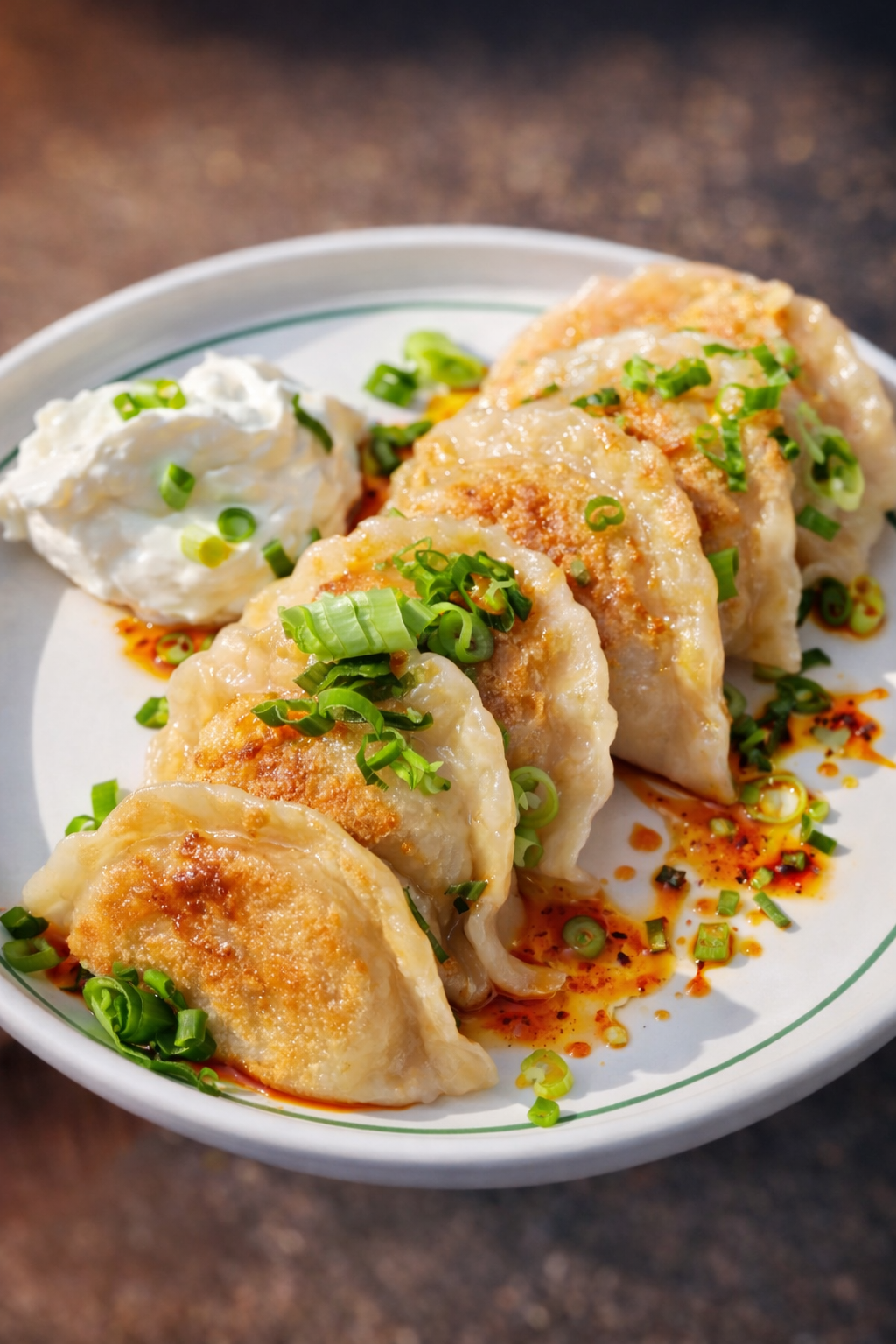 A plate of six cooked dumplings garnished with chopped green onions, served with a dollop of sour cream and drizzled with spicy sauce.