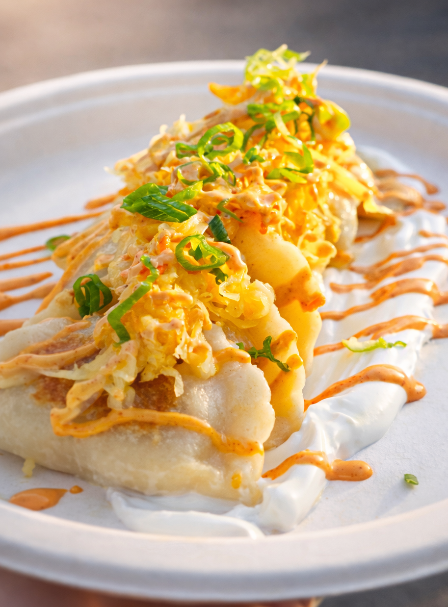 Close-up of a plate with a serving of Mexican dish, including a folded soft tortilla topped with shredded cheese, chopped green onions, and drizzled with creamy and red sauces, served on a white foam plate.