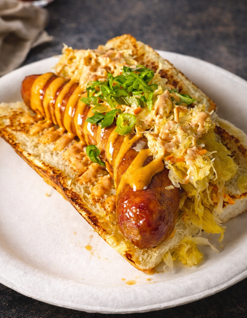 Hot dog topped with mustard and relish, served on a toasted bun with shredded lettuce, chopped onions, and cole slaw on a white plate.