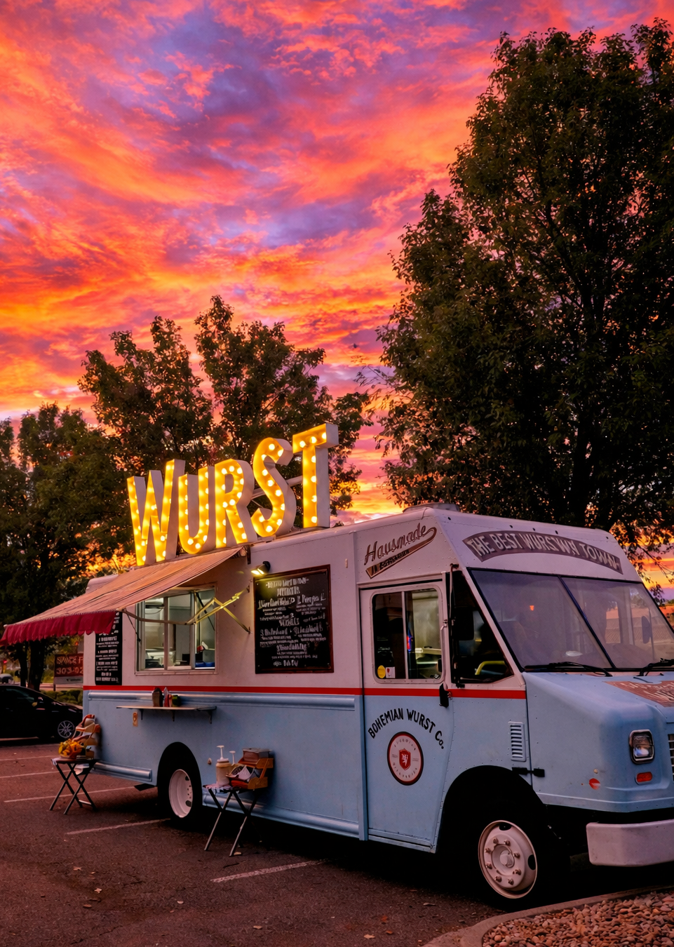 Colorful sunset sky with pink and purple clouds over a light blue food truck named WURST, parked in a lot with trees in the background.