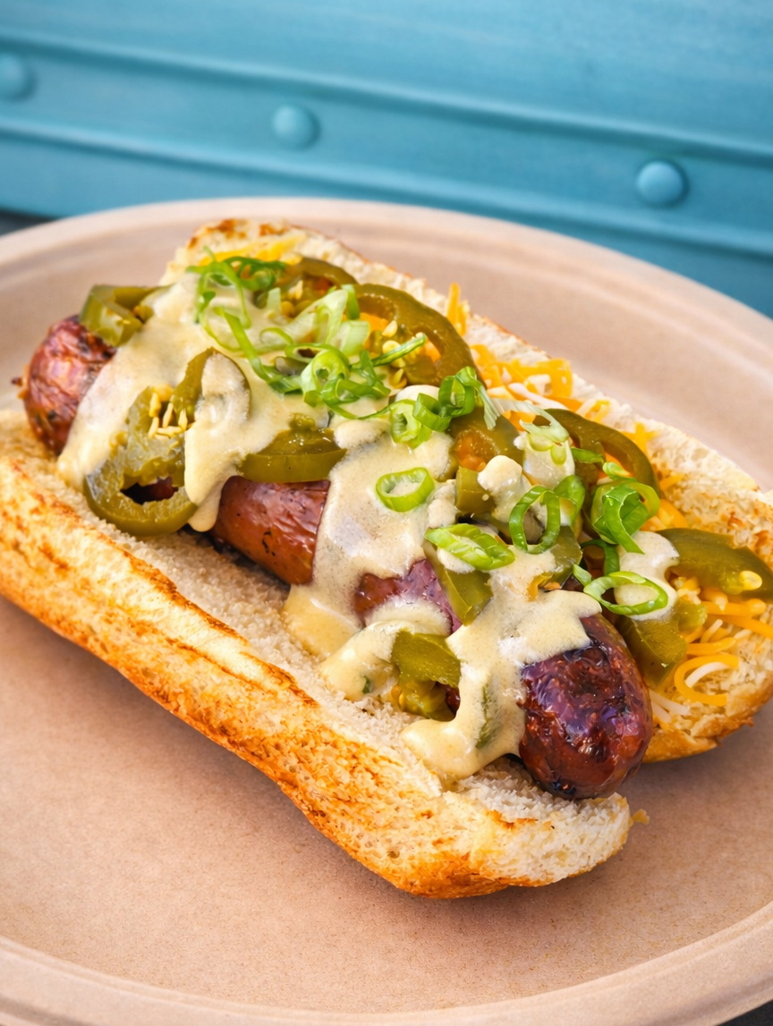 Hot dog with grilled sausage, shredded cheese, pickled jalapeños, chopped green onions, and creamy sauce on a toasted bun, served on a beige plate with a blue background.