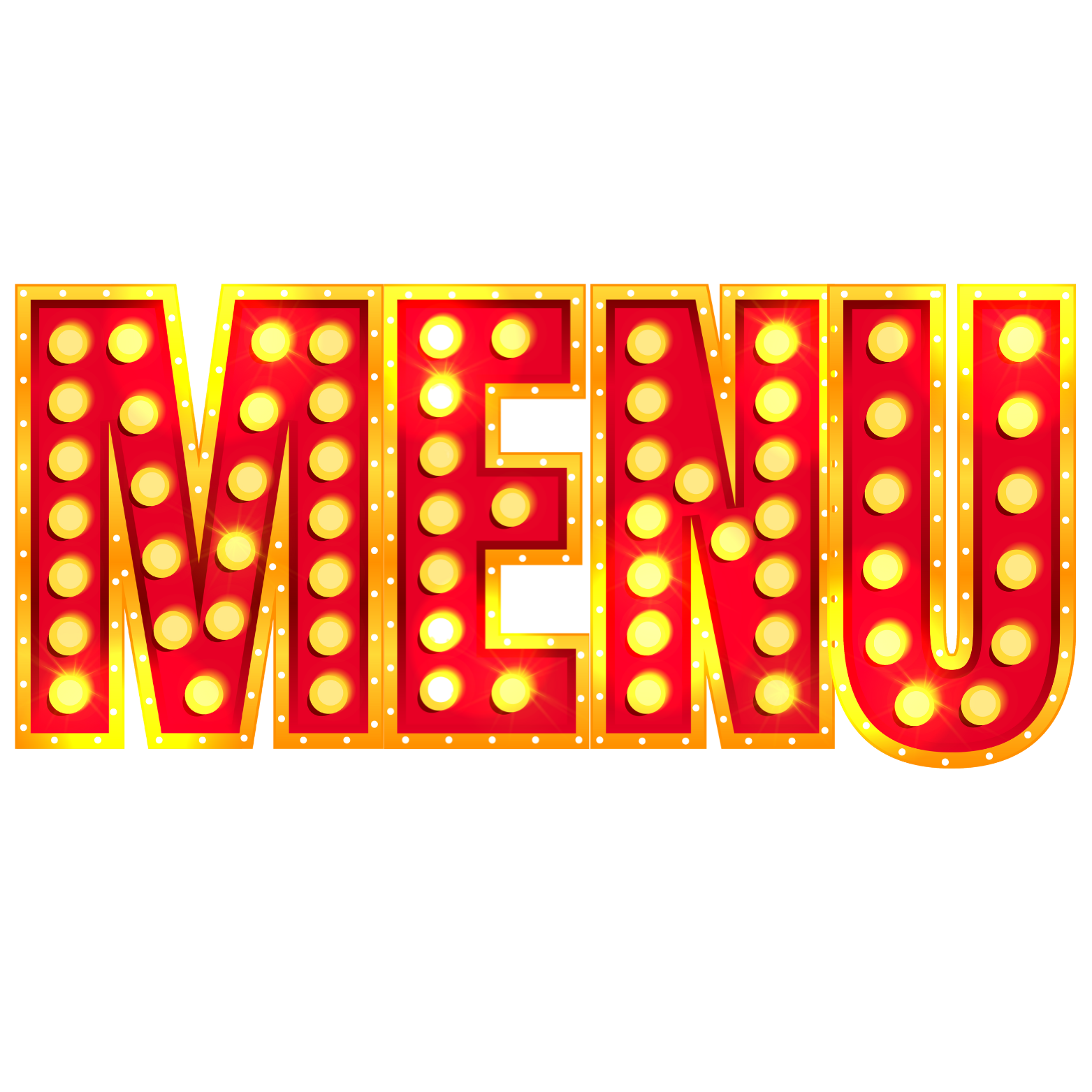 Bright marquee sign spelling 'MENU' in red and yellow with illuminated light bulbs.