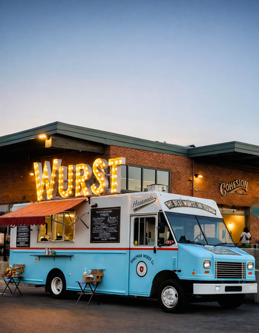 A vintage light blue food truck with a red stripe, parked outside a brick building with a large illuminated sign spelling "WURST." The truck has small outdoor tables with food and drinks, and the sign on top says "The Best Wurst in Town."