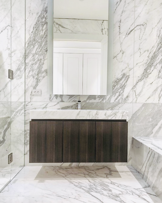 Prior fabrication experience.
Floating vanity in stained eucalyptus within a British Properties home.