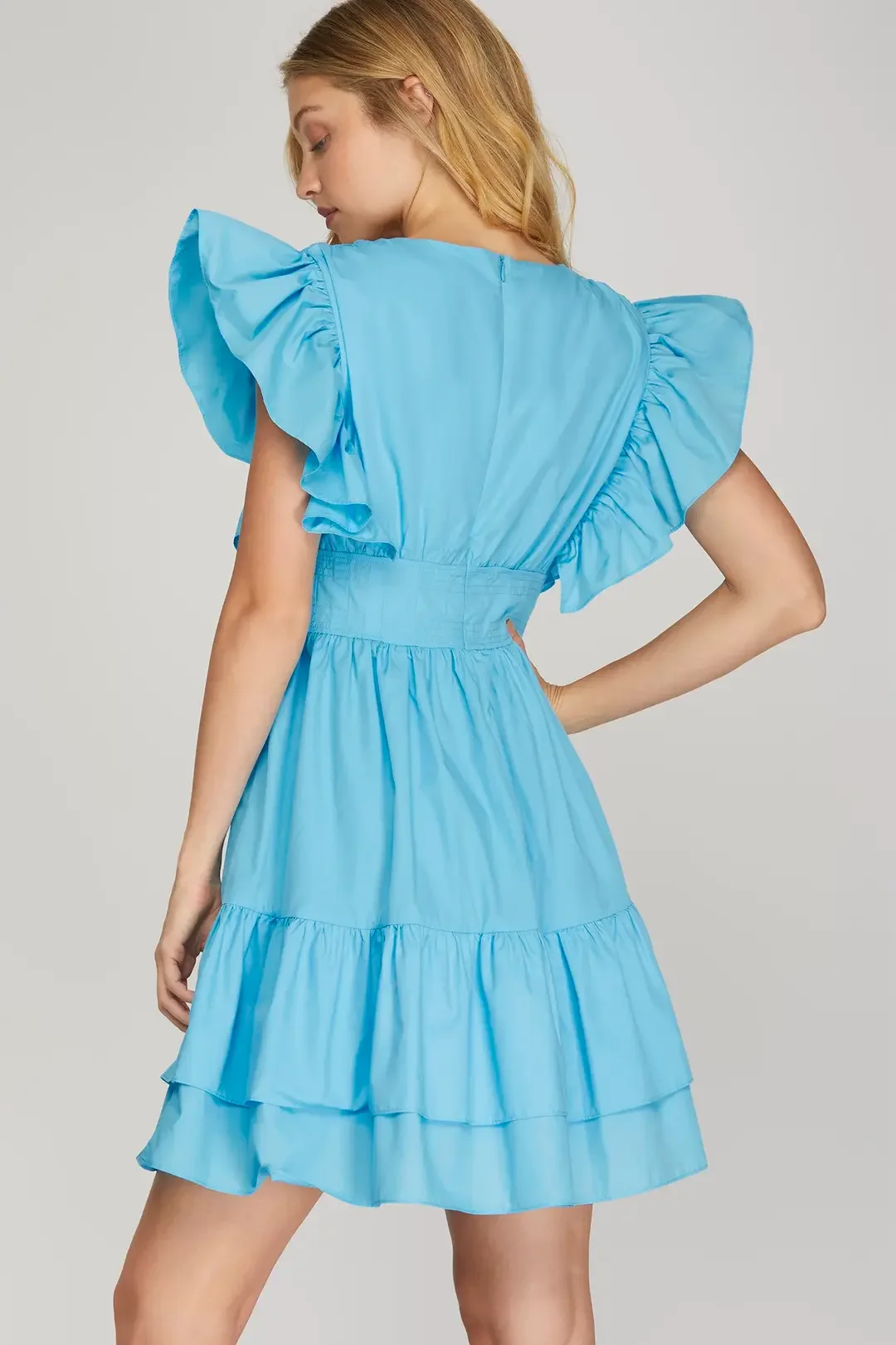 RUFFLED SHOULDER PLEATED V NECK WAIST TIERED WOVEN DRESS  Small