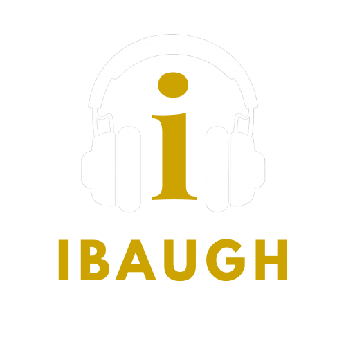 Logo for IBAUGH Entertainment LLC featuring a headphone graphic with a microphone and the company's name in gold and white text.