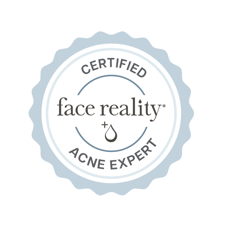 Certification seal for Face Reality, an acne expert, featuring a droplet symbol, with the text 'CERTIFIED ACNE EXPERT' and 'face reality' in the center.