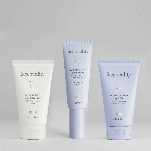 Three Face Reality skincare tubes: Ultra Gentle Gel Cleanser, HydraRemedy Gel Serum, and Mineral Matte SPF 26.