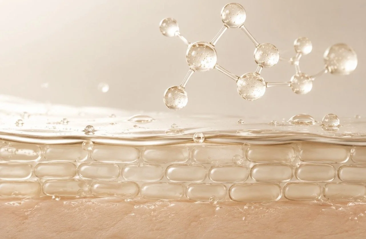 Close-up of a molecular structure suspended above a liquid surface with bubbles and layered skin-like texture