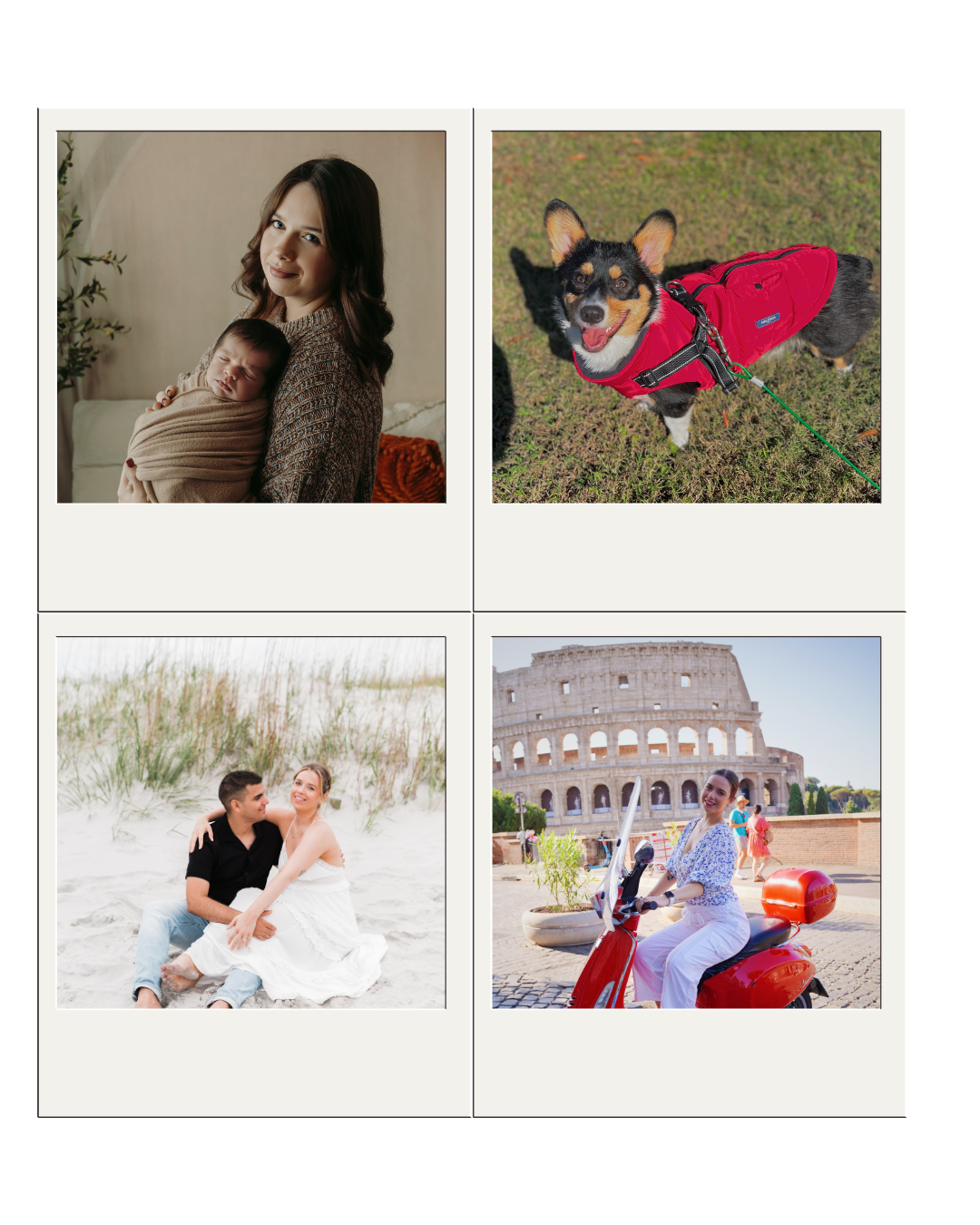 Top left: Woman holding a sleeping baby wrapped in a blanket indoors. Top right: Smiling dog wearing a red jacket outdoors. Bottom left: Couple sitting on the sand at the beach, the woman in white and the man in black. Bottom right: Woman riding a re