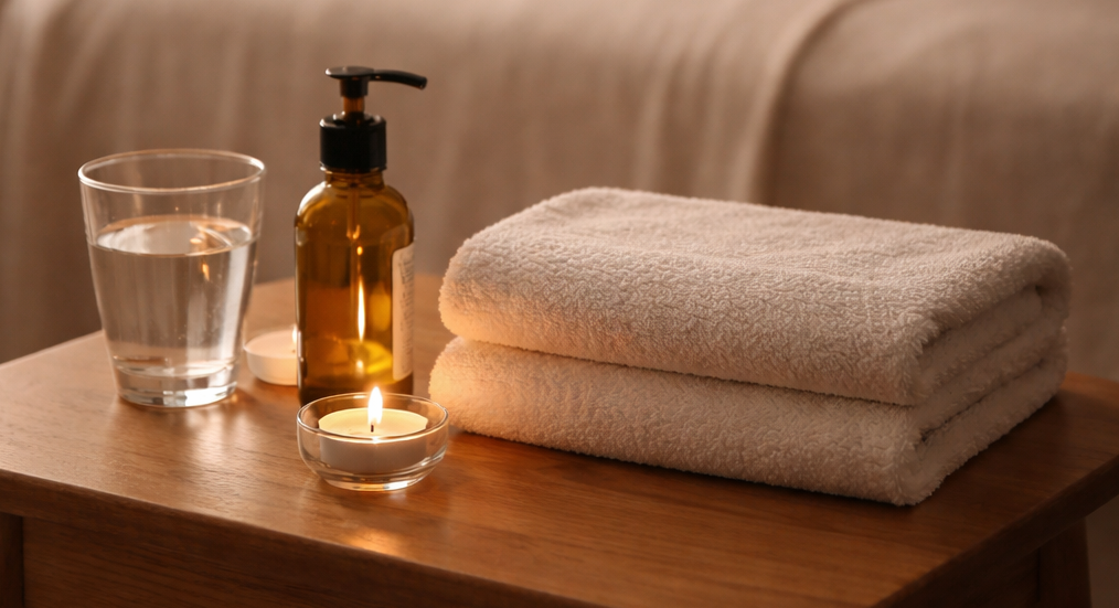 A wooden table with a glass of water, a lit candle in a glass holder, a brown soap dispenser, and folded white towels in a cozy setting.