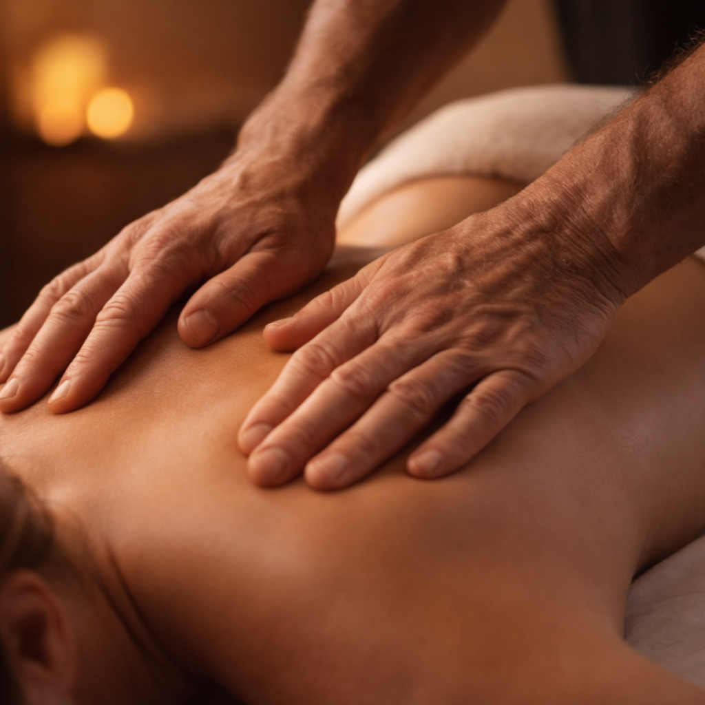 Close-up of a person receiving a massage on their back in a warm, dimly lit room.